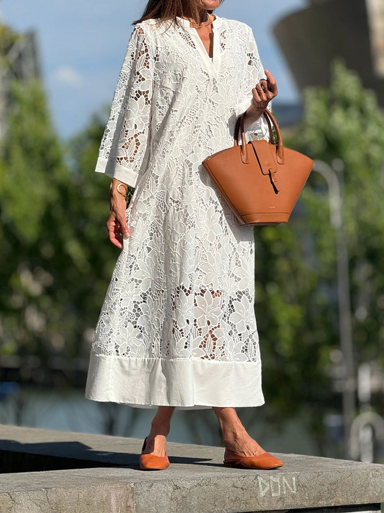 NOVERA™ | Elegante Broderie Midi Jurk