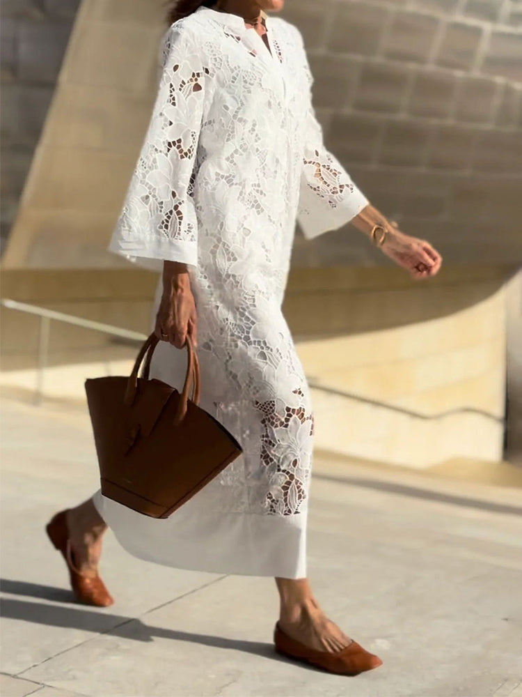 NOVERA™ | Elegante Broderie Midi Jurk