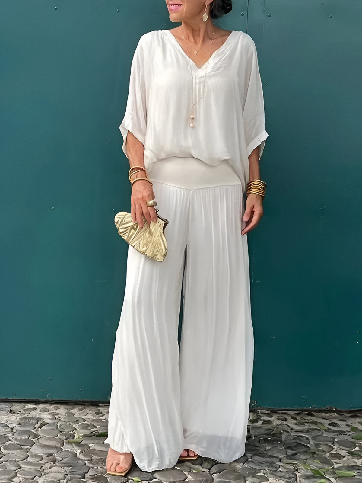 Livie™ | Elegante V-Hals Broek Set met Vleermuis Mouwen